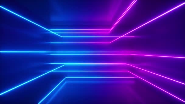 Abstrakt bakgrund, rörliga neonstrålar, lysande linjer inne i rummet, fluorescerande ultraviolett ljus, blå röd rosa violett spektrum, loop, sömlös loop 3d render — Stockvideo