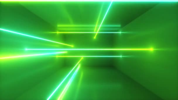 Абстрактный фон, движущиеся неоновые лучи, светящиеся линии внутри комнаты, флуоресцентный ультрафиолетовый свет, синий зеленый спектр, петля, бесшовный цикл 3d рендеринг — стоковое видео