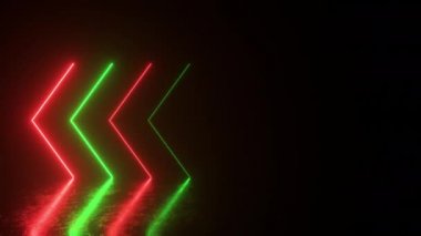 Parlak neon oklar yanıp sönüyor ve yansıtıcı katın yönünü gösteriyor. Soyut arkaplan, lazer gösterisi. Ultraviyole neon yeşil ışık tayfı. Kusursuz 3D döngü oluşturucu
