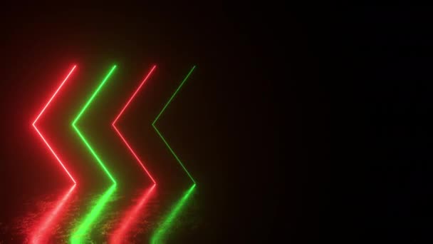 Flechas de néon brilhante piscando iluminar e sair indicando a direção no chão reflexivo. Fundo abstrato, laser show. Espectro de luz vermelha verde néon ultravioleta. Laço sem costura 3d render — Vídeo de Stock