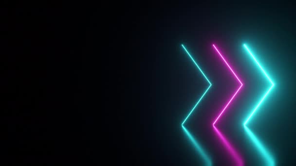 Flashing bright neon arrows light up and go out indicating the direction on the reflective floor. Abstract background, laser show. Ultraviolet neon blue violet light spectrum. Seamless loop 3d render — ストック動画