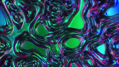 Soyut 3D görüntüleme holografik yağ yüzeyi arka plan, folyo dalgalı yüzey, dalga ve dalgalar, ultraviyole modern ışık, neon mavisi pembe spektrum renkleri. Kusursuz döngü 4k canlandırması