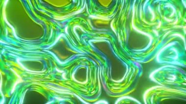 Soyut parlayan 3D renkte holografik yağ yüzeyi, folyo dalgalı yüzey, dalga ve dalgalar, ultraviyole modern ışık, neon mavisi spektrum renkleri. Kusursuz döngü 4k canlandırması
