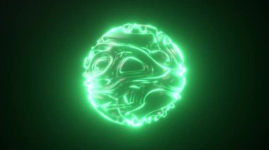 Soyut parlak neon küre. Fütürist yeşil dalgalı dalgalarla soyut bir arka plan. Kıvırcık desenli üç boyutlu. Kusursuz 3D döngü oluşturucu