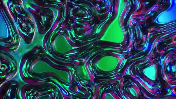 Abstracto 3d renderizar fondo de superficie de aceite olográfico, superficie ondulada lámina, onda y ondas, luz ultravioleta moderna, colores de espectro rosa azul neón. Inconsútil bucle de animación 4k — Vídeos de Stock