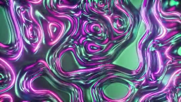 Abstrakt glödande 3d render holografisk olja yta bakgrund, folievåg yta, våg och ringar, ultraviolett modernt ljus, neon blå rosa spektrum färger. Sömlös loop 4k animation — Stockvideo