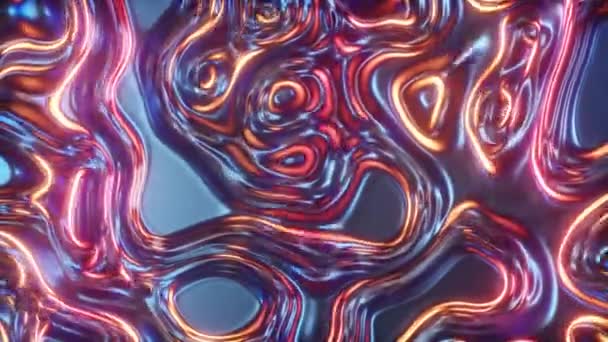 Abstract gloeiende 3D-weergave holografische olie oppervlak achtergrond, folie golvend oppervlak, golf en rimpelingen, ultraviolet modern licht, neon oranje blauw roze spectrum kleuren. Naadloze lus 4k animatie — Stockvideo