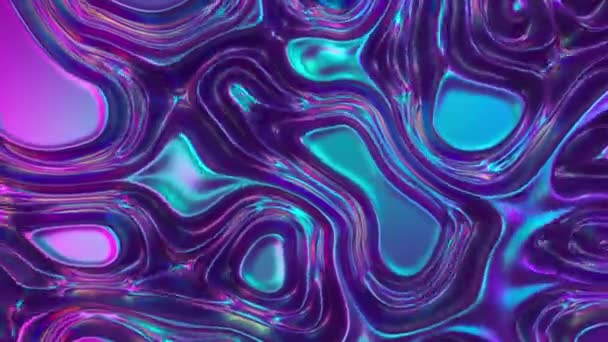 Abstract 3d maken holografische olie oppervlak achtergrond, folie golvend oppervlak, golf en rimpelingen, ultraviolet modern licht, neon blauw roze spectrum kleuren. Naadloze lus 4k animatie — Stockvideo