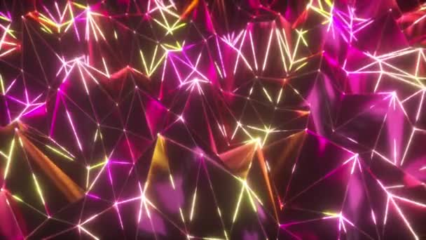 Abstract low polygonal black surface glowing at the edges. Seamless loop 4k cg technology motion background. Segments of a triangle. Ultraviolet neon wireframe lines in blue violet color spectrum. — ストック動画