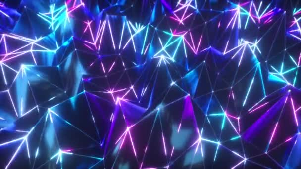 Abstract low polygonal black surface glowing at the edges. Seamless loop 4k cg technology motion background. Segments of a triangle. Ultraviolet neon wireframe lines in blue violet color spectrum. — 图库视频影像