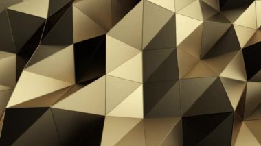 Geometrik altın yüzeyin soyut arka planı. Bilgisayar tarafından üretilen döngü animasyonu. Çokgen şekilli modern bir arkaplan. Poster, kapak, marka ve afiş için kusursuz döngü 3D render tasarımı.
