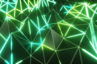 Kenarlarında parlayan soyut düşük çokgen siyah yüzey. 3D illüstrasyon teknolojisi geçmişi. Bir üçgenin parçaları. Mavi menekşe renk spektrumunda ultraviyole neon tel çizgileri.