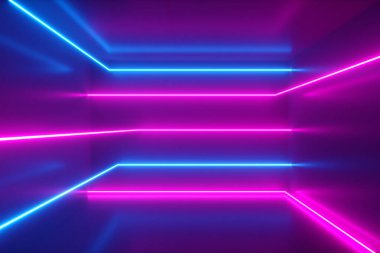 Soyut arkaplan, hareketli neon ışınları, odanın içinde parlak çizgiler, floresan ultraviyole ışık, mavi pembe menekşe spektrumu, 3D resim
