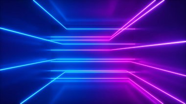 Soyut arkaplan, hareketli neon ışınları, odanın içinde parlak çizgiler, floresan ultraviyole ışık, mavi pembe menekşe spektrumu, 3D resim