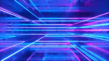 Soyut arkaplan, hareketli neon ışınları, metalik çizilmiş odanın içinde parlak çizgiler, floresan ultraviyole ışık, mavi pembe menekşe spektrumu, 3D çizim
