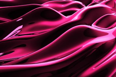 Pembe soyut sıvı yansıtıcı dalga yüzeyi. Dalgalar ve ultraviyole çizgiler. 3d illüstrasyon
