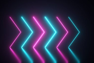 Parlak neon oklar yanıp sönüyor ve yansıtıcı katın yönünü gösteriyor. Soyut arkaplan, lazer gösterisi. Ultraviyole neon mavi ışık tayfı. 3d illüstrasyon