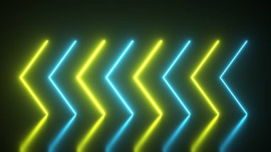 Parlak neon oklar yanıp sönüyor ve yansıtıcı katın yönünü gösteriyor. Soyut arkaplan, lazer gösterisi. Ultraviyole neon mavisi sarı ışık tayfı. 3d illüstrasyon