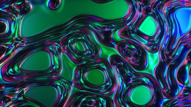 Soyut 3D görüntüleme holografik yağ yüzeyi arka plan, folyo dalgalı yüzey, dalga ve dalgalar, ultraviyole modern ışık, neon mavisi pembe spektrum renkleri. 3d illüstrasyon