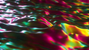 Soyut 3D görüntüleme holografik yağ yüzeyi arka plan, folyo dalgalı yüzey, dalga ve dalgalar, ultraviyole modern ışık, neon mavisi pembe spektrum renkleri. 3d illüstrasyon