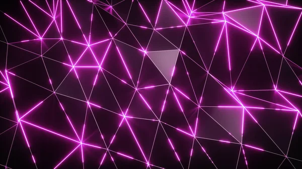 Abstract beweging achtergrond. Low-poly donker golvend oppervlak met gloeiend roze licht. 3d illustratie — Stockfoto
