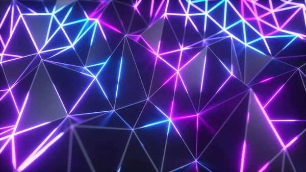 Superficie negra poligonal baja abstracta que brilla en los bordes. 3d ilustración tecnología movimiento fondo. Segmentos de un triángulo. Líneas de alambre de neón ultravioleta en espectro de color azul violeta . — Foto de Stock