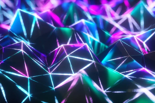 Absztrakt alacsony poligonális fekete felület világít a széleken. 3D illusztráció technológia mozgás háttér. Egy háromszög szegmensei. Ultraibolya neon drótvázas vonalak kék ibolyaszín színspektrumban. — Stock Fotó