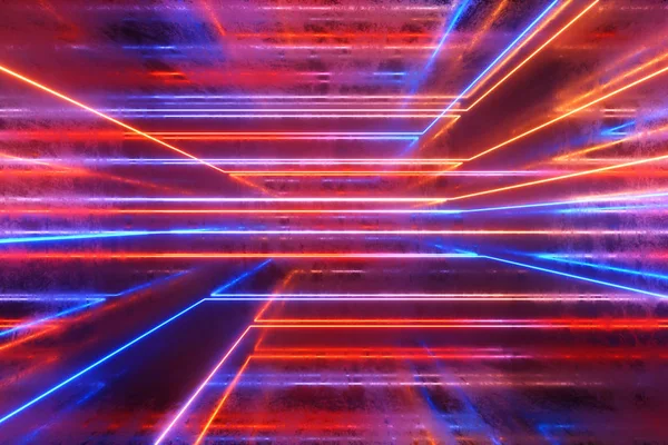 Fondo abstracto, rayos de neón en movimiento, líneas luminosas dentro de la sala de rayado metálico, luz ultravioleta fluorescente, espectro rojo azul, ilustración 3d — Foto de Stock