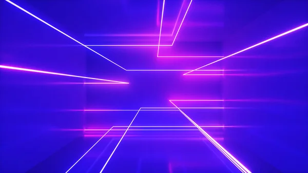 Abstracte achtergrond, bewegende neonstralen, lichtlijnen in de kamer, fluorescerend ultraviolet licht, blauw rood violet spectrum, 3d illustratie — Stockfoto