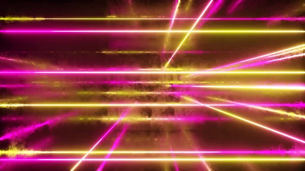 Abstraktní pozadí, pohybující se neonové paprsky, světelné čáry uvnitř kovové poškrábané místnosti, fluorescenční ultrafialové světlo, žlutě červené růžové spektrum, 3D ilustrace — Stock fotografie