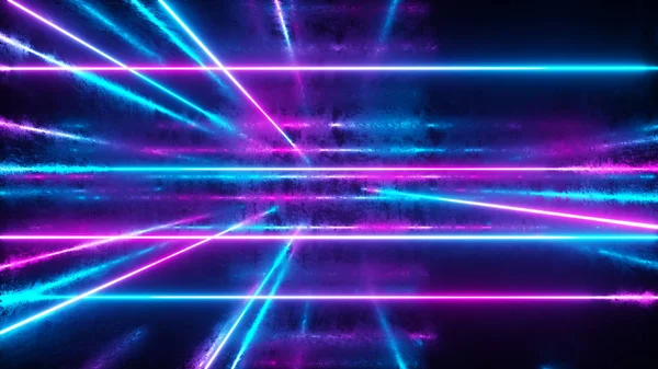 Abstract background, moving neon rays, luminous lines inside the metallic scratched room, fluorescent ultraviolet light, blue red pink violet spectrum, 3d illustration — ストック写真