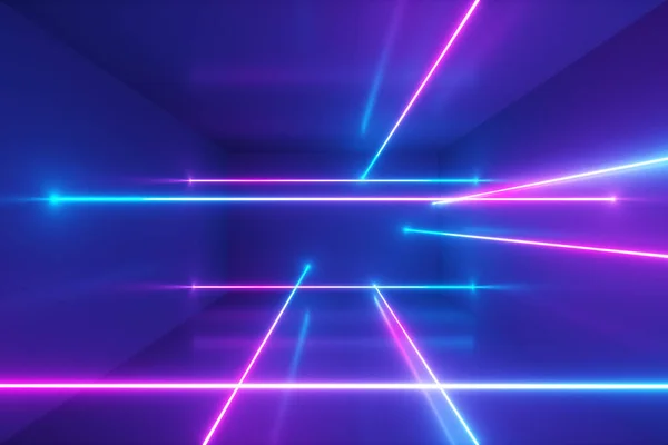 Fondo abstracto, movimiento de los rayos de neón, líneas luminosas dentro de la habitación, luz ultravioleta fluorescente, azul rojo rosa violeta espectro, 3d ilustración — Foto de Stock