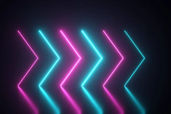 Knipperende heldere neon pijlen lichten op en gaan naar buiten, wat de richting aangeeft op de reflecterende vloer. Abstracte achtergrond, lasershow. Ultraviolet neon blauw violet lichtspectrum. 3d illustratie — Stockfoto