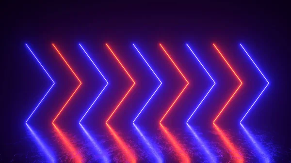 Flashing bright neon arrows light up and go out indicating the direction. Abstract background, laser show. Neon color trends phantom blue and lush lava light spectrum. 3d illustration