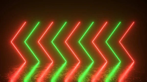 Leuchtende Neonpfeile leuchten auf und geben die Richtung auf dem reflektierenden Boden an. abstrakter Hintergrund, Lasershow. ultraviolettes neongrünes rotes Lichtspektrum. 3D-Illustration — Stockfoto