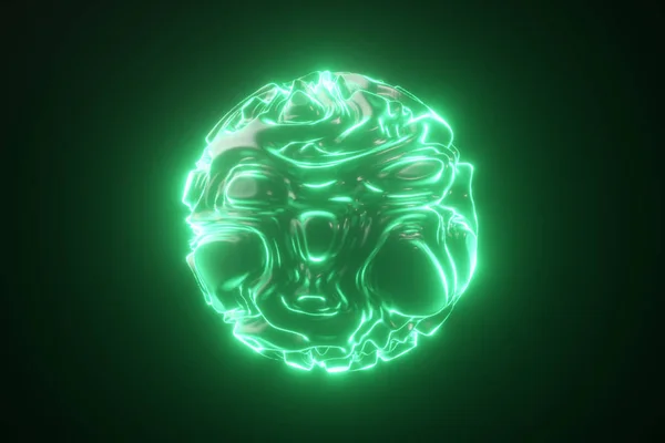 Абстрактная светящаяся неоновая сфера. Абстрактный фон с футуристической зеленой волнистой рябью. 3-я форма со строгим кудрявым рисунком. 3d иллюстрация — стоковое фото