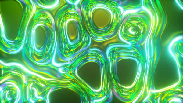 Abstracto resplandeciente 3d renderizar fondo de superficie de aceite holográfico, superficie ondulada lámina, onda y ondas, luz ultravioleta moderna, colores de espectro verde azul neón. ilustración 3d — Foto de Stock