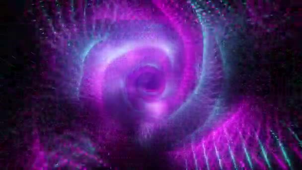 Vol technologique abstrait dans l'espace numérique. Des points néons lumineux formant un tunnel de transmission de données. Spectre de lumière violet bleu ultraviolet moderne. Boucle sans couture rendu 3d 