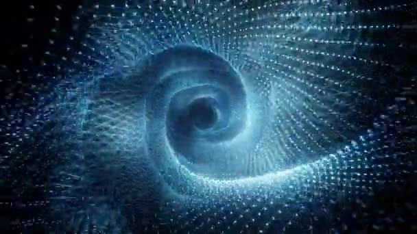 Vol technologique abstrait dans l'espace numérique. Des points néons lumineux formant un tunnel de transmission de données. Spectre de lumière bleue moderne. Boucle sans couture rendu 3d 