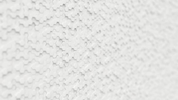 Abstract white minimalistic background made of plastic hexagons with shallow depth of field. Light minimal hexagonal grid pattern animation in modern clean white. Seamless loop 3d render — Stockvideo