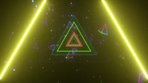 Un tunnel sans fin de triangles néons multicolores lumineux pour les clips vidéo, les boîtes de nuit, les écrans LED, le spectacle de projection, le vidéo mapping, la performance audiovisuelle, les événements de mode. Boucle sans couture rendu 3d 