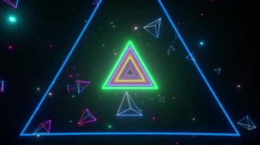 An endless tunnel of luminous multicolored neon triangles for music videos, night clubs, LED screens, projection show, video mapping, audiovisual performance, fashion events. Seamless loop 3d render