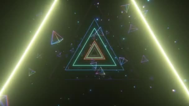 Un tunnel sans fin de triangles néons multicolores lumineux pour les clips vidéo, les boîtes de nuit, les écrans LED, le spectacle de projection, le vidéo mapping, la performance audiovisuelle, les événements de mode. Boucle sans couture rendu 3d 
