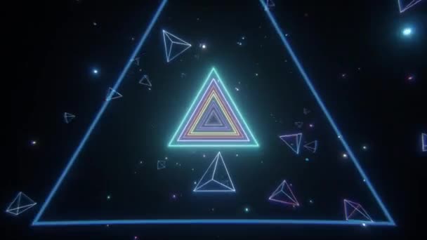Un tunnel sans fin de triangles néons multicolores lumineux pour les clips vidéo, les boîtes de nuit, les écrans LED, le spectacle de projection, le vidéo mapping, la performance audiovisuelle, les événements de mode. Boucle sans couture rendu 3d 