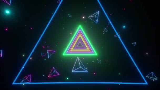 Un tunnel sans fin de triangles néons multicolores lumineux pour les clips vidéo, les boîtes de nuit, les écrans LED, le spectacle de projection, le vidéo mapping, la performance audiovisuelle, les événements de mode. Boucle sans couture rendu 3d 