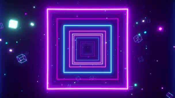 Бесконечный тоннель светящихся разноцветных неоновых квадратов для музыкальных клипов, ночных клубов, светодиодных экранов, проекционного шоу. Современный ультрафиолетовый синий фиолетовый спектр света. Бесшовный трехмерный рендер — стоковое видео