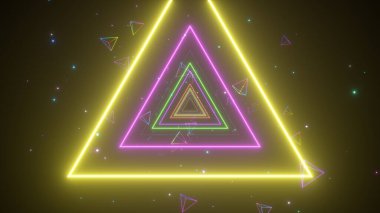 An endless tunnel of luminous multicolored neon triangles for music videos, night clubs, LED screens, projection show, video mapping, audiovisual performance, fashion events. 3d illustration
