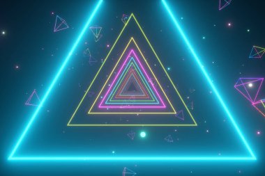 An endless tunnel of luminous multicolored neon triangles for music videos, night clubs, LED screens, projection show, video mapping, audiovisual performance, fashion events. 3d illustration