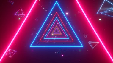 An endless tunnel of luminous multicolored neon triangles for music videos, night clubs, LED screens, projection show, video mapping, audiovisual performance, fashion events. 3d illustration