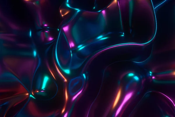 Abstraktní 3D ilustrace holografický olej povrch pozadí, fólie vlnitý povrch, vlny a vlnky, ultrafialové moderní světlo, neonově modré růžové spektrum barev. — Stock fotografie